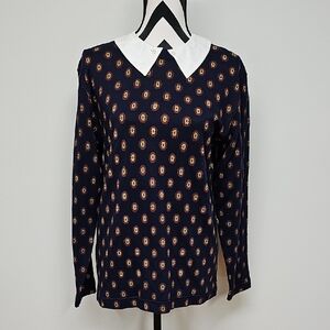 Vtg Adrienne Vittadini Jaquard Knit Top With Detachable Collar Navy Red Yellow